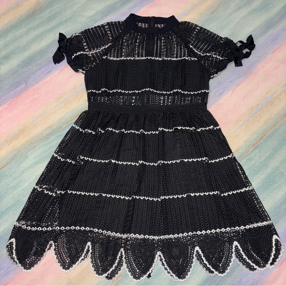 NWT Self Portrait Crochet Scallop mini Dress black Short Sleeve size 10 - Picture 6 of 10